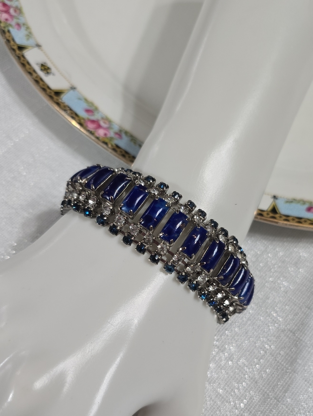 Vintage Blue & Clear Rhinestone & Confetti Lucite Silver Tone Bracelet